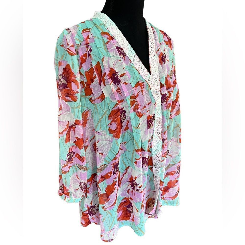 NY Collection semi sheer floral crystal button front top, long sleeves size S